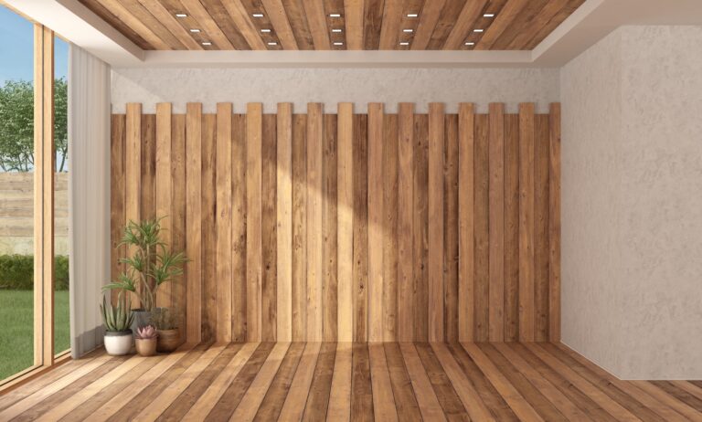A view of an empty modern room paneled with alternating light and dark wood.